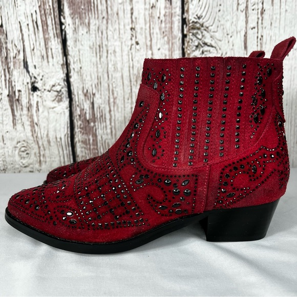 BiBi Lou Rhinestone Maroon Studded Embellished Leather Ankle Booties Boots SZ 38 - Picture 5 of 12